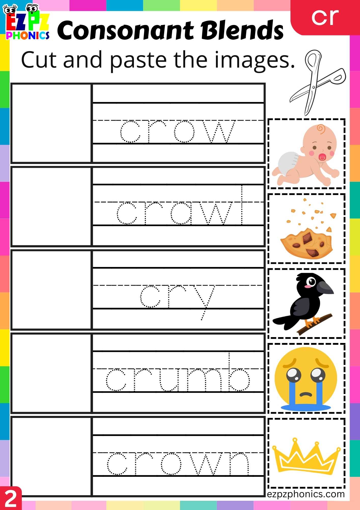 Group2 CR Words Cut And Paste The Images Phonics Consonant Blends Worksheet